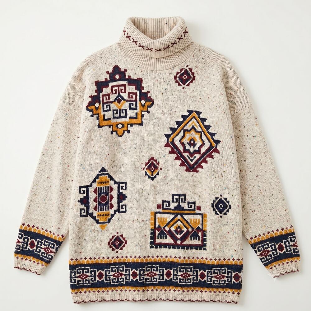 Carolina Colours Vintage Aztec Confetti Turtleneck Sweater Beige Womens Plus 2X